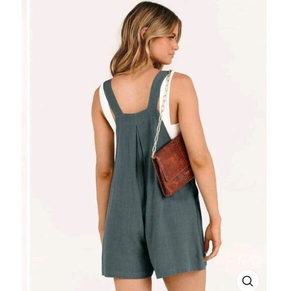 Anrabess Womens Linen Blend Short Bib Overalls Jumpsuit Romper Sz S Gray Blue - Picture 2 of 8